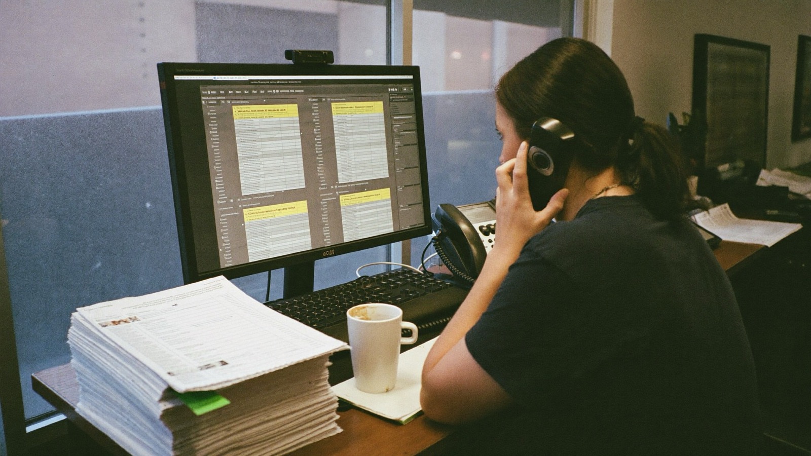A recruiter at a staffing agency screening desk, phone to her ear, a long applicant list on the monitor.