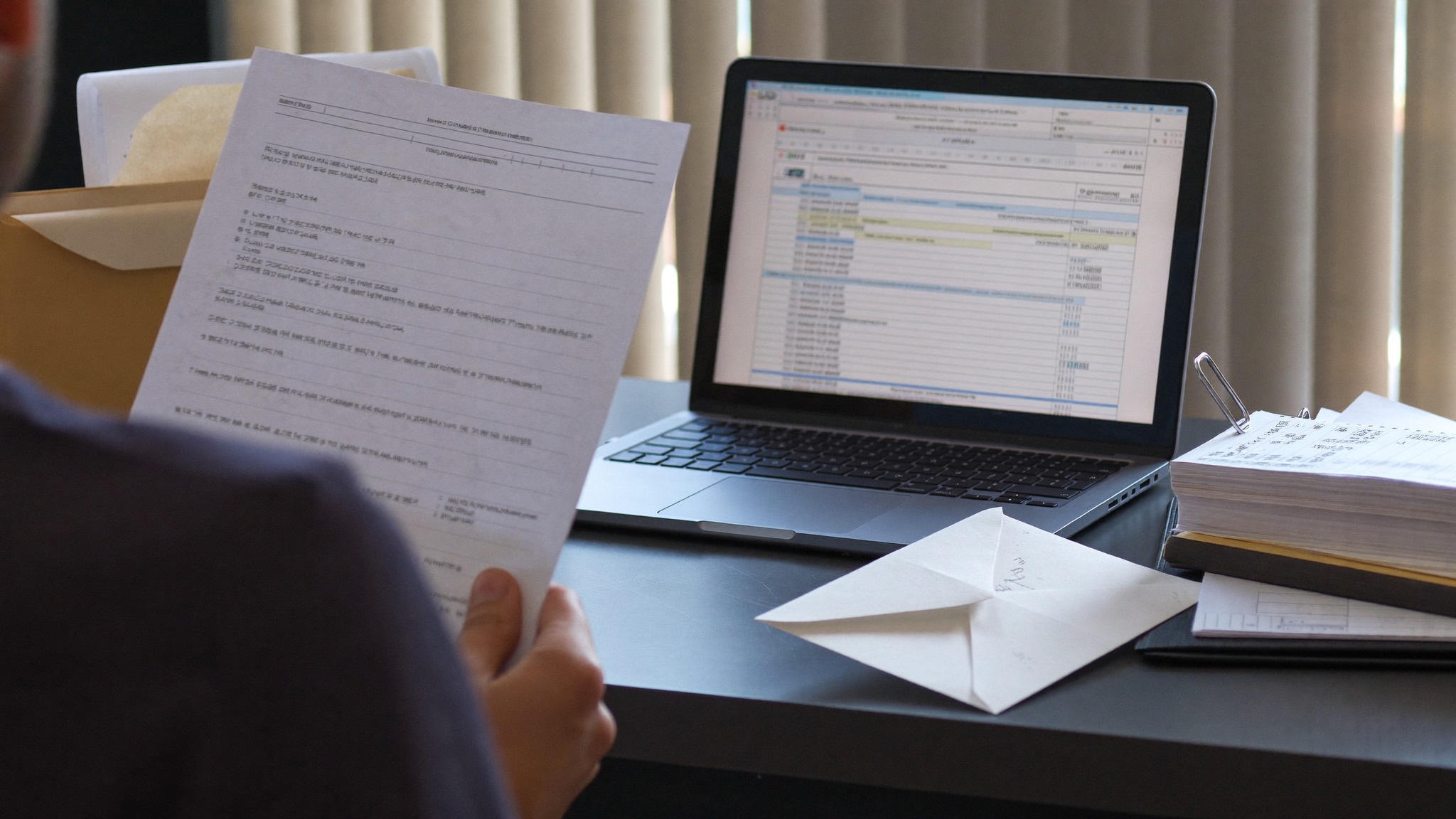 A staffing agency finance manager at a desk in a small office, holding an opened formal letter, payroll spreadsheet on the laptop beside it.